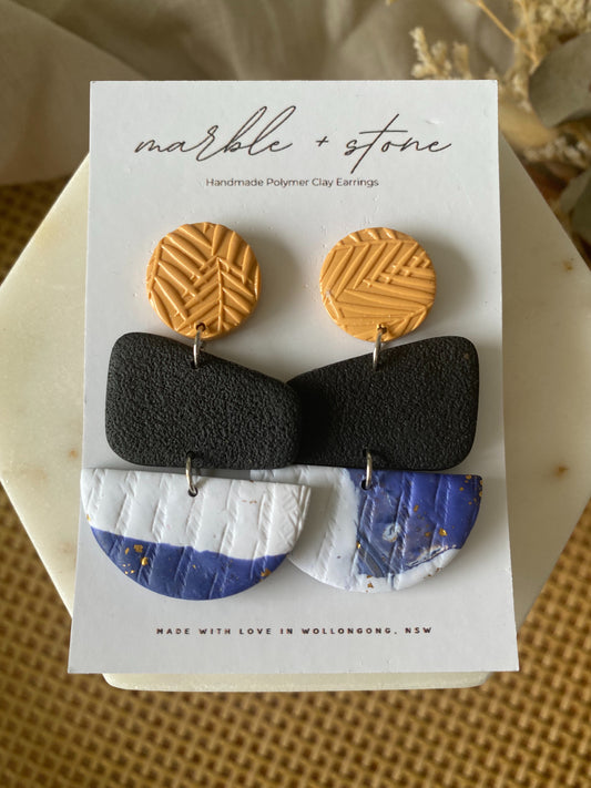 Mustard, black, blue and white